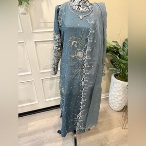 Mehlaz brand Pakistani pure silk Elegant Blue Embroidered Dress